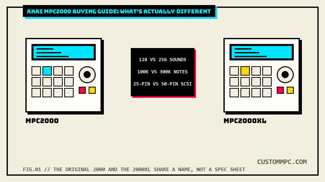Side-by-side flat illustration of an MPC2000 unit and an MPC2000XL unit with a spec-delta panel between them listing sound count, sequencer notes, and SCSI connector differences