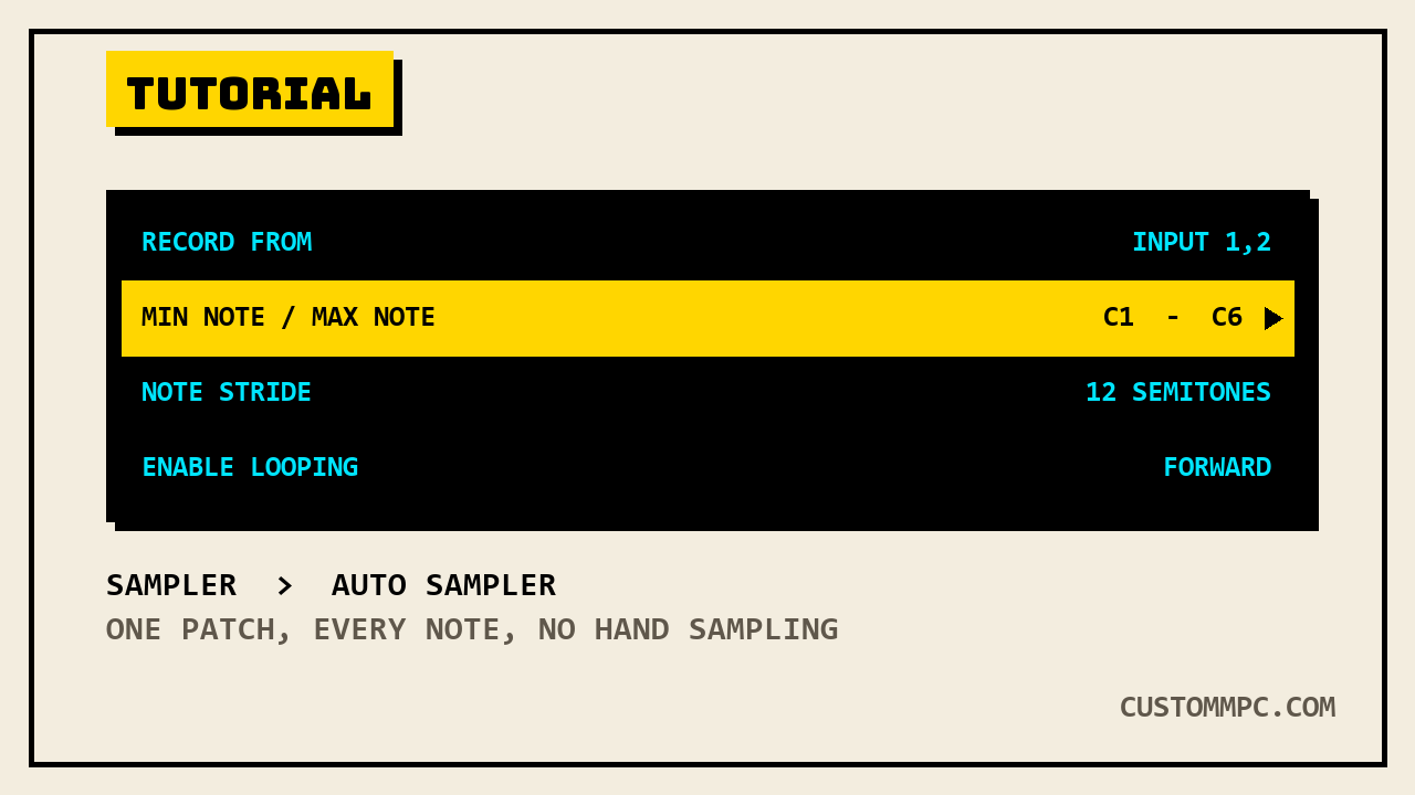 LCD panel showing the Auto Sampler settings: record from, min/max note, note stride, and looping fields