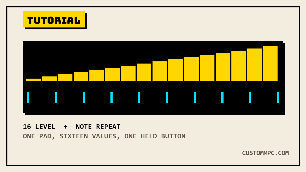 LCD screen showing a sixteen-step ascending staircase above a row of even repeat pulses