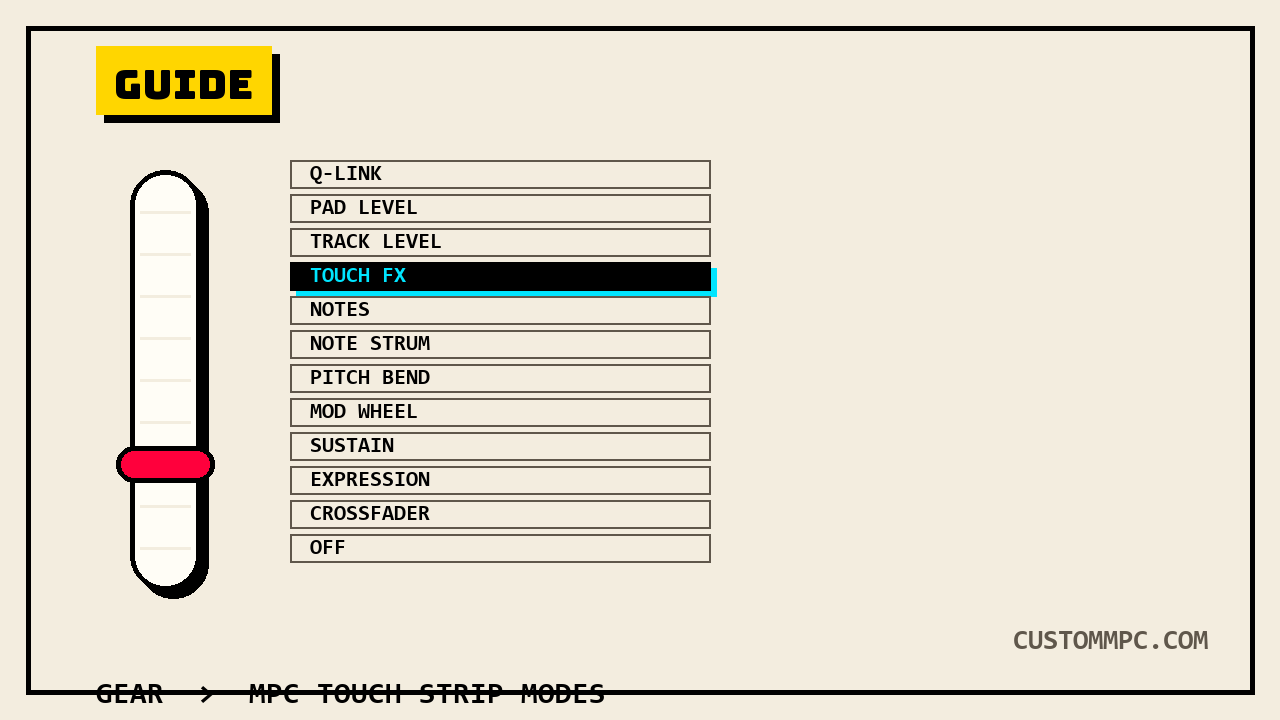 Vertical touch strip slider with a red thumb marker, next to a twelve-item mode menu with TOUCH FX highlighted in cyan